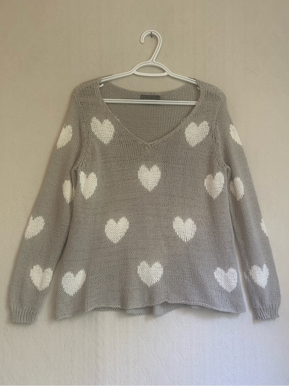 Wooden Ships In Love Loose Open Knit Heart Beach Sweater V-neck Gray White Sz XS